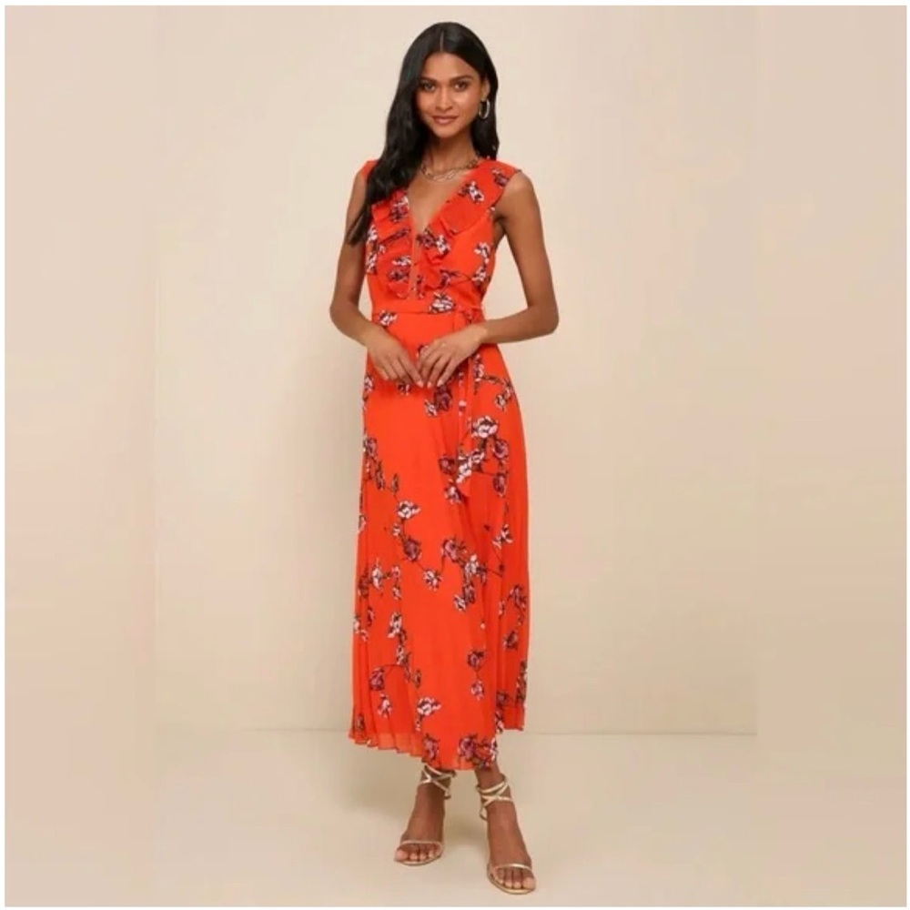 Lulus Loved By You Red Orange Floral Print Pleated Chiffon Maxi Dress